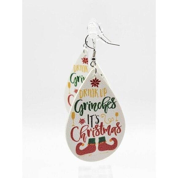 Christmas Faux Leather Teardrop Earrings "Drink Up Grinches It's Christmas" - Picture 2 of 5